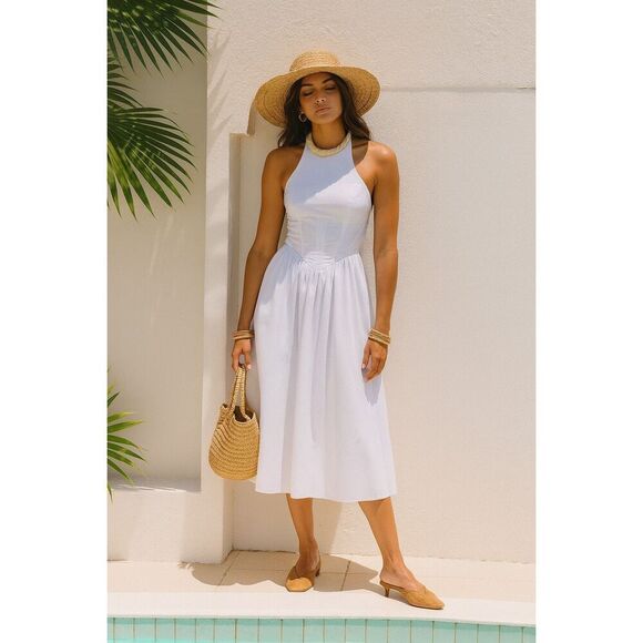 NIA Dresses & Skirts - NIA Rio vintage inspired Halter White Poplin Midi Dress Summer Brunch size S NWT